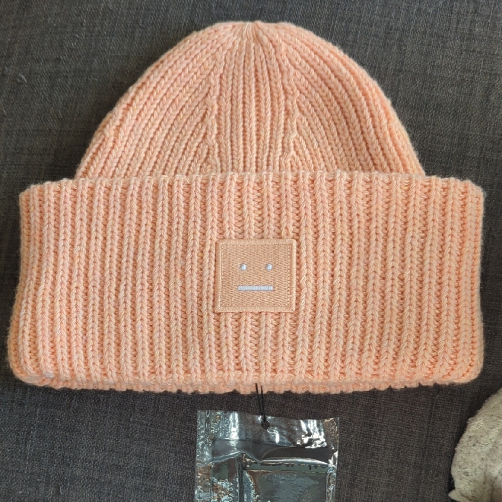 Peach Knit Beanie with Face Patch